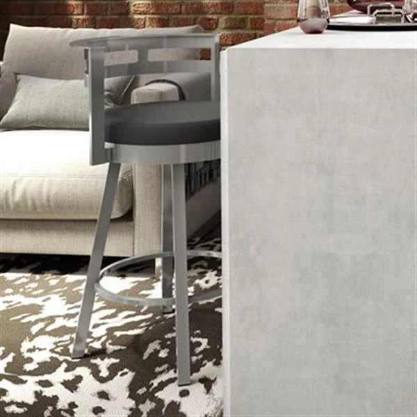 Amisco Render 26.63-in Swivel Counter Stool - Black Faux Leather - Glossy Grey Metal 2 Amisco Render 26.63-in Swivel Counter Stool - Black Faux Leather - Glossy Grey Metal - Image 2