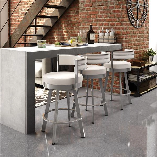 Amisco Browser 30.13-in Swivel Bar Stool - Cream Faux Leather - Glossy Grey Metal 2 Amisco Browser 30.13-in Swivel Bar Stool - Cream Faux Leather - Glossy Grey Metal - Image 2