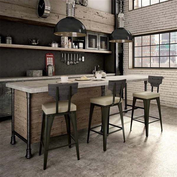 Amisco Rally 30.88-in Bar Stool - Beige Fabric - Dark Grey Distressed Wood - Gun Metal 2 Amisco Rally 30.88-in Bar Stool - Beige Fabric - Dark Grey Distressed Wood - Gun Metal - Image 2