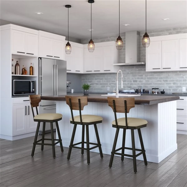 Amisco Gustavson 26.5-in Swivel Counter Stool - Beige Fabric - Brown Distressed Wood - Gun Metal 2 Amisco Gustavson 26.5-in Swivel Counter Stool - Beige Fabric - Brown Distressed Wood - Gun Metal - Image 2