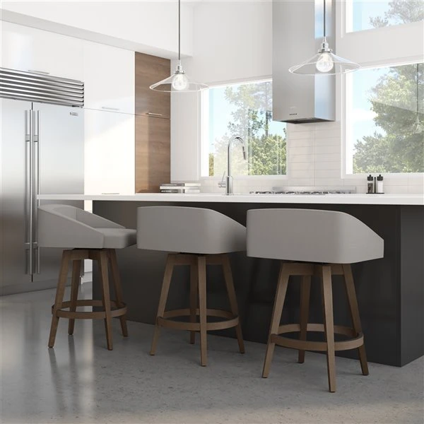 Amisco Carpenter 30.5-in Swivel Bar Stool - Taupe Grey Faux Leather - Brown Wood 2 Amisco Carpenter 30.5-in Swivel Bar Stool - Taupe Grey Faux Leather - Brown Wood - Image 2