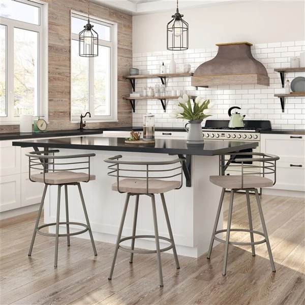 Amisco Denton 29.88-in Swivel Bar Stool - Beige Distressed Wood - Matt Light Grey Metal 2 Amisco Denton 29.88-in Swivel Bar Stool - Beige Distressed Wood - Matt Light Grey Metal - Image 2