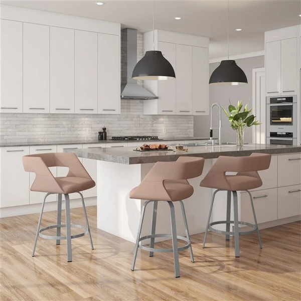 Amisco Harris 26.63-in Swivel Counter Stool - Soft Pink Fabric - Glossy Grey Metal 2 Amisco Harris 26.63-in Swivel Counter Stool - Soft Pink Fabric - Glossy Grey Metal - Image 2