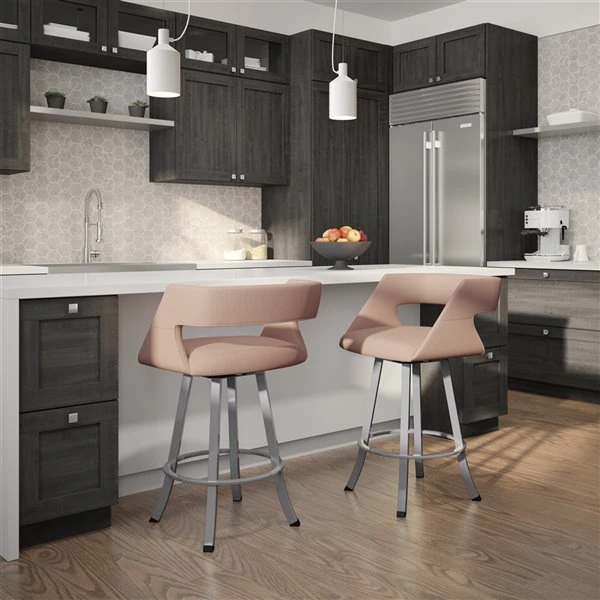 Amisco Metro 30.75-in Swivel Bar Stool - Soft Pink Fabric - Glossy Grey Metal 2 Amisco Metro 30.75-in Swivel Bar Stool - Soft Pink Fabric - Glossy Grey Metal - Image 2