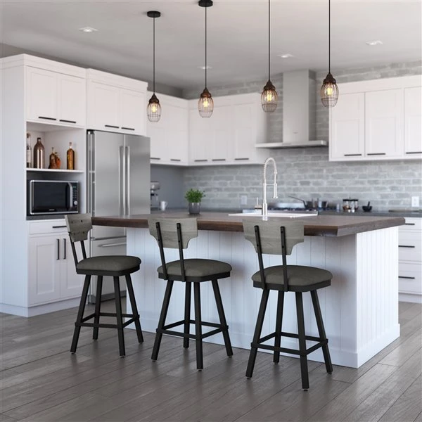 Amisco Gustavson 26.5-in Swivel Counter Stool - Medium Grey Faux Leather - Grey Distressed Wood - Black Metal 2 Amisco Gustavson 26.5-in Swivel Counter Stool - Medium Grey Faux Leather - Grey Distressed Wood - Black Metal - Image 2