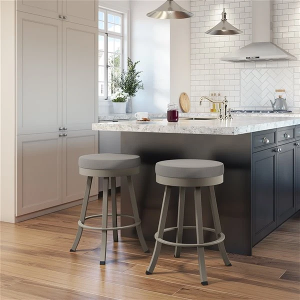 Amisco Logan 26.88-in Swivel Counter Stool - Taupe Grey Faux Leather - Matt Light Grey Metal 2 Amisco Logan 26.88-in Swivel Counter Stool - Taupe Grey Faux Leather - Matt Light Grey Metal - Image 2